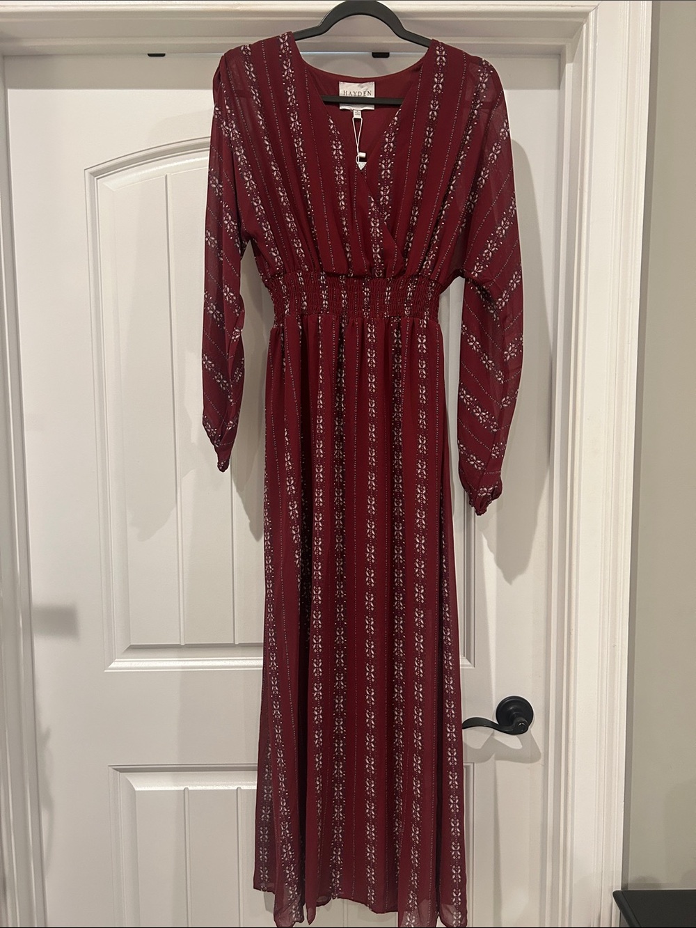 Hayden Maroon Patterned Maxi Dress / Size Small / Sheer Sleeves / V neck